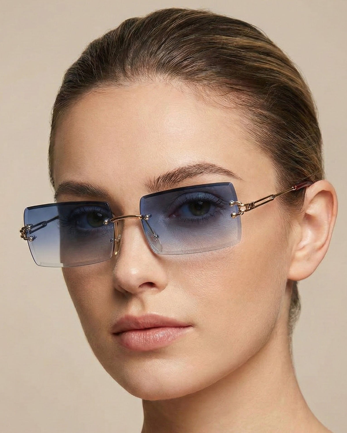 Black Rimless Geometric Sunglasses - Women Accessories Black Titanium Geometric Rimless Tinted Sunglasses with Gray  main image 4