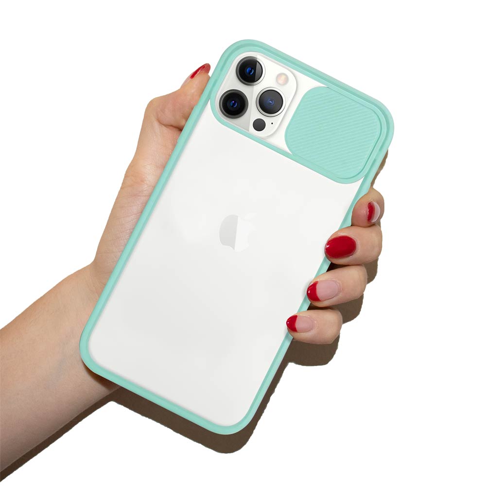 Cool mint iPhone case with sliding camera lens cover