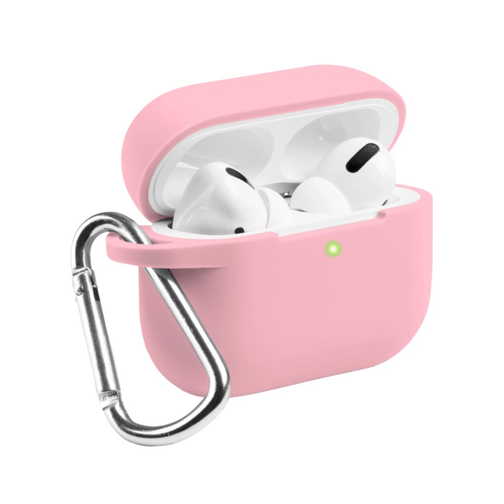 silicone airpod pro case with carabiner keychain in sand pink